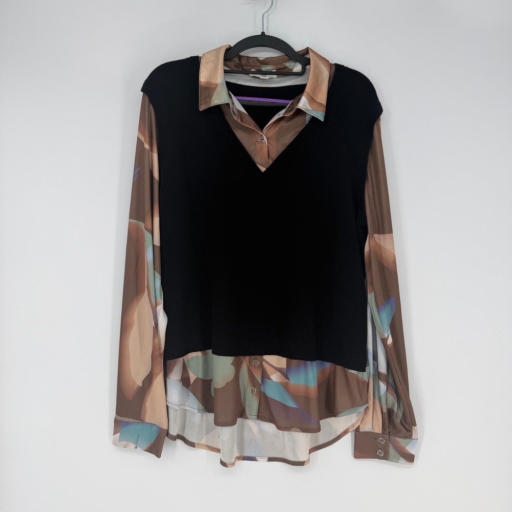 Rio & Rian Top Womens XL Black Brown Layered Sweater Shirt Preppy Career Earth